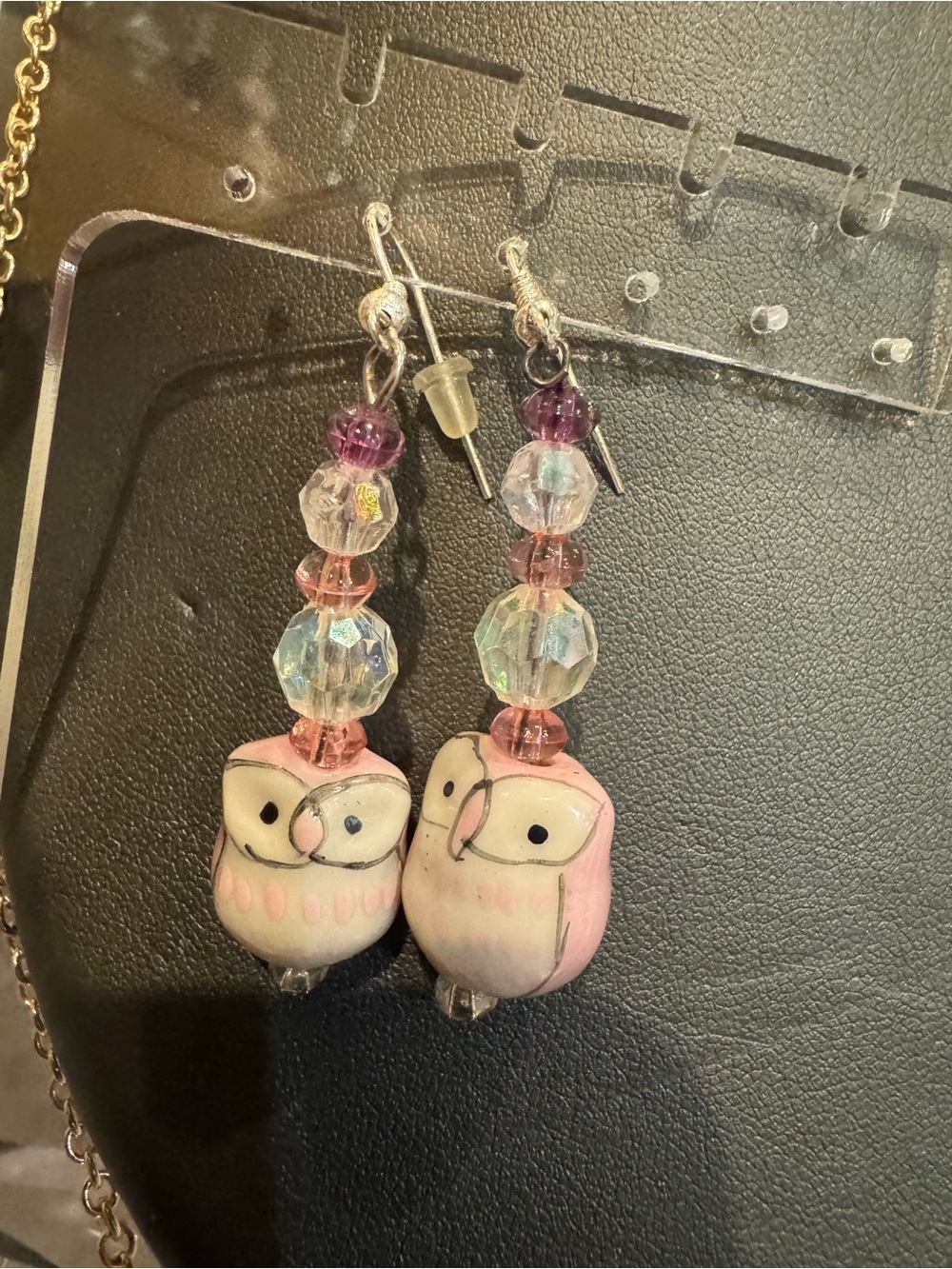 Cute Pink Owl Bead Drop Earrings for Women